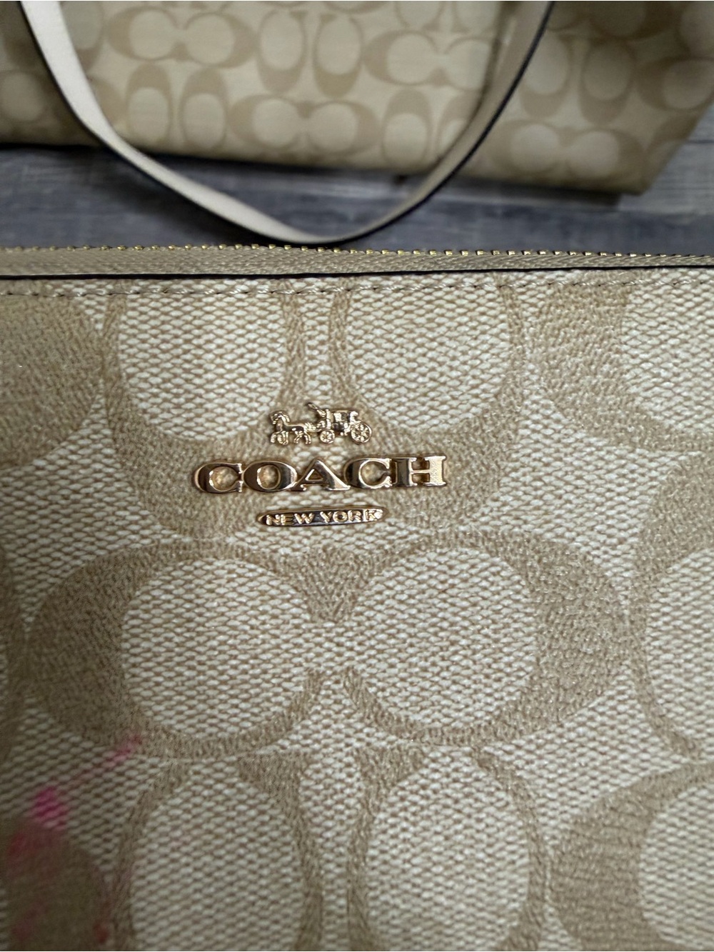 Coach Beige Signature Canvas Shoulder Bag with Gold Logo